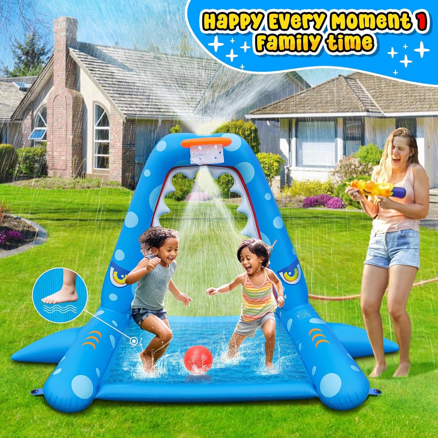 Sprinkler for Kids Outdoor Play, Giant Inflatable Shark Water Toys Splash Pad with Basketball Hoop, Fun Sprinkler Summer Outdoor Game for 3-8 Years Old Children Boys Girls Gift