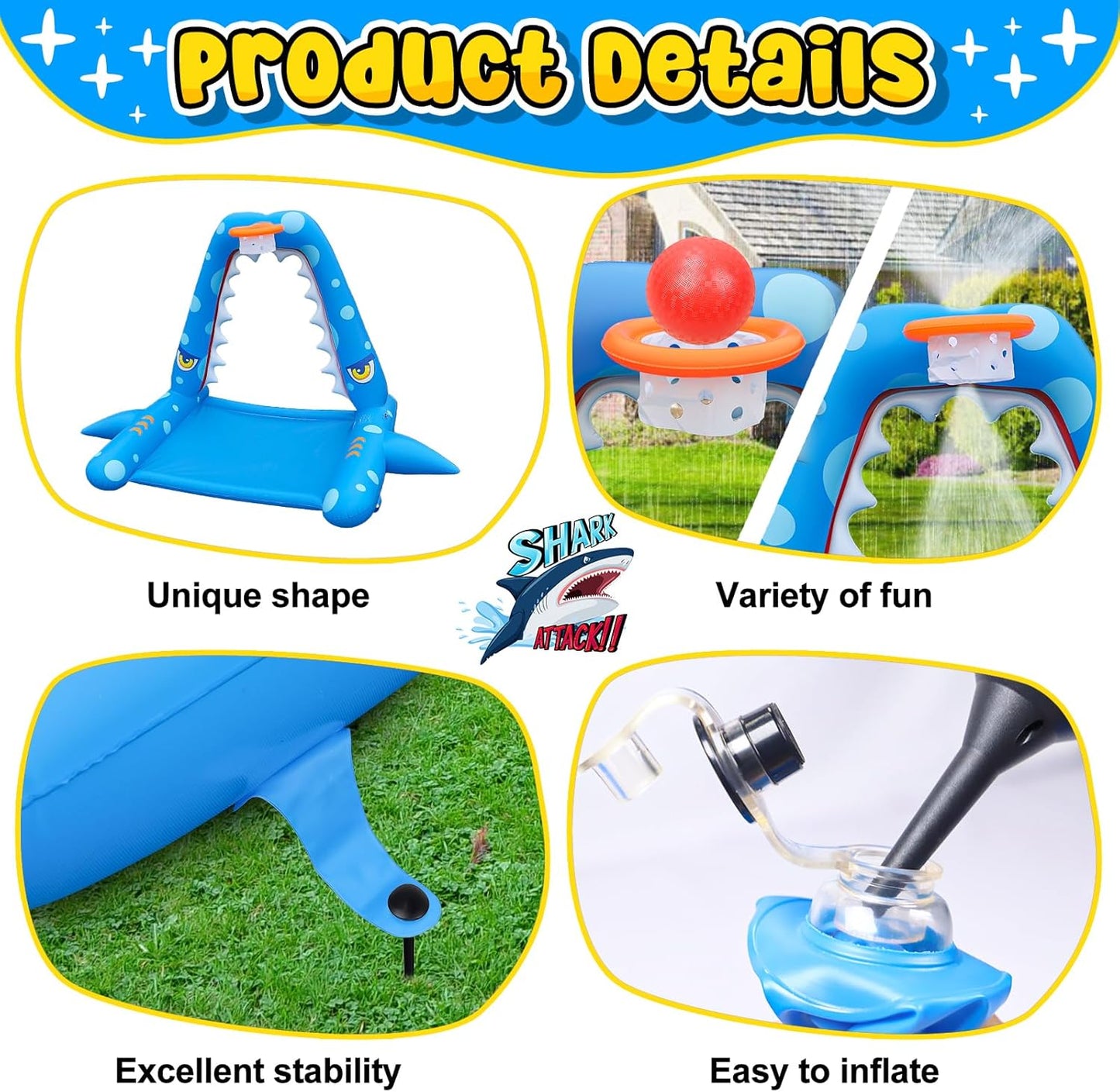Sprinkler for Kids Outdoor Play, Giant Inflatable Shark Water Toys Splash Pad with Basketball Hoop, Fun Sprinkler Summer Outdoor Game for 3-8 Years Old Children Boys Girls Gift