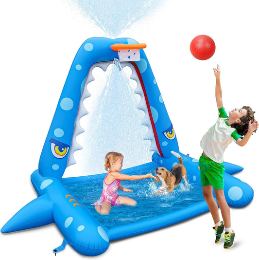 Sprinkler for Kids Outdoor Play, Giant Inflatable Shark Water Toys Splash Pad with Basketball Hoop, Fun Sprinkler Summer Outdoor Game for 3-8 Years Old Children Boys Girls Gift