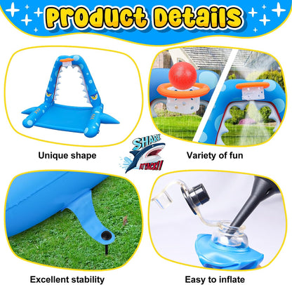 Sprinkler for Kids Outdoor Play, Giant Inflatable Shark Water Toys Splash Pad with Basketball Hoop, Fun Sprinkler Summer Outdoor Game for 3-8 Years Old Children Boys Girls Gift